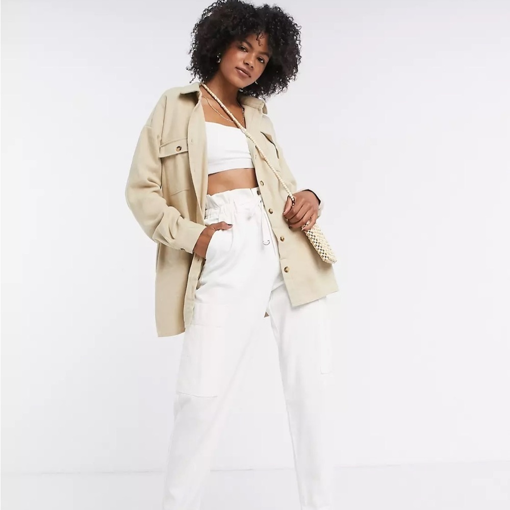 Noisy May Curve Flanny Long Sleeve Long Shacket in Sand